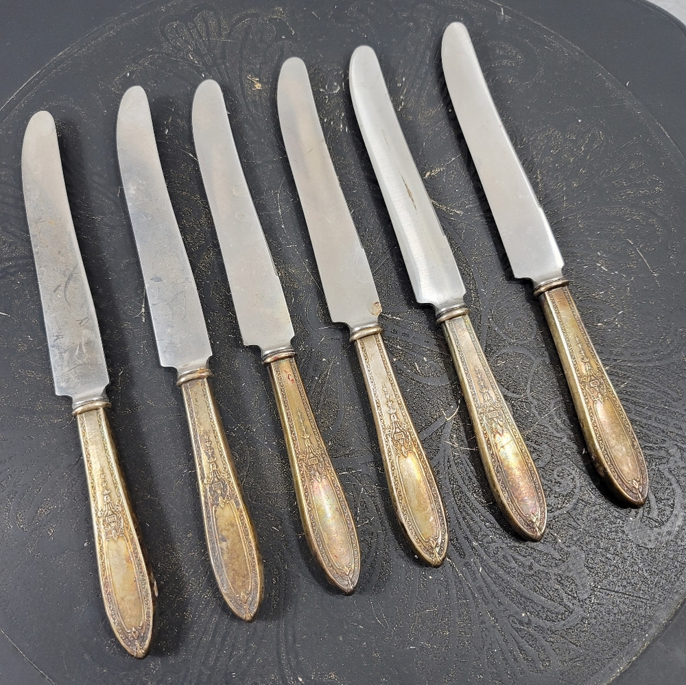 Vintage Insico Silver Plate Handles Stainless Flatware Set of Six Dinner Knifes